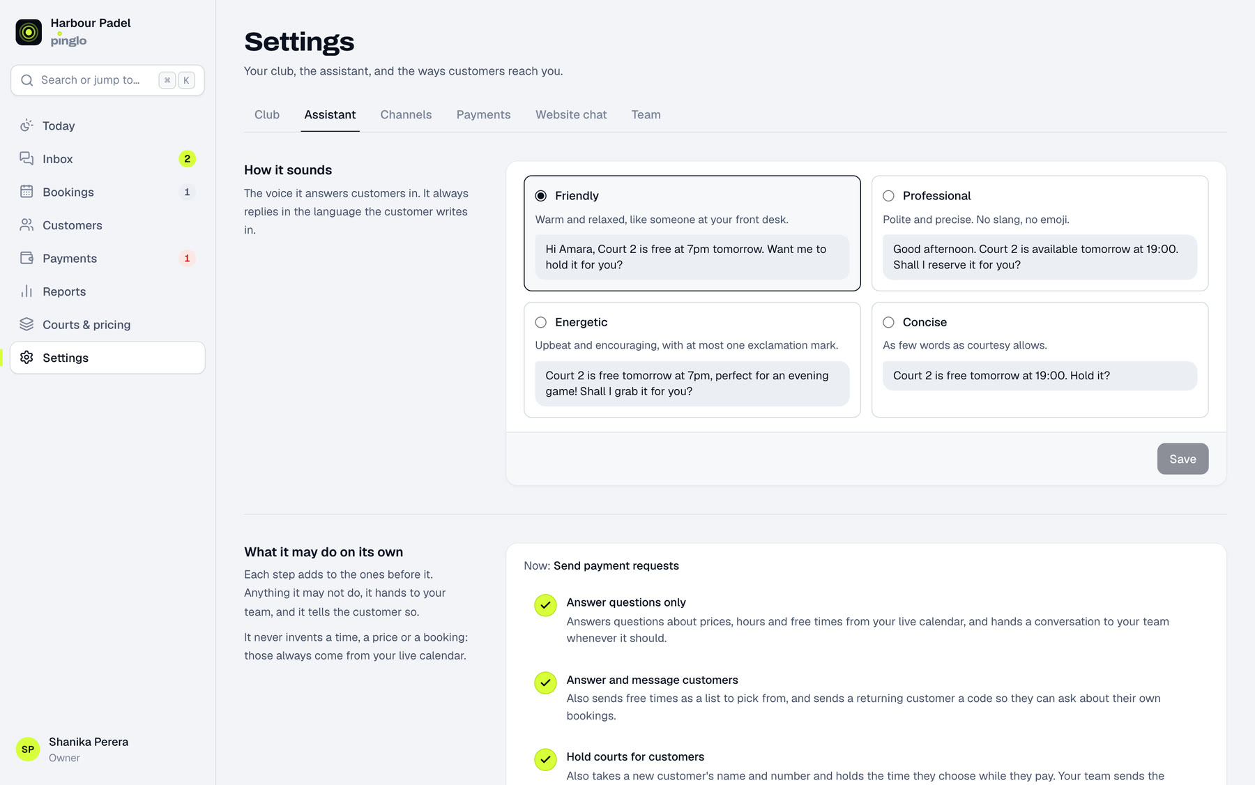 The assistant's settings: four voices with an example reply each, and the steps of what it may do on its own, from answering questions to sending payment requests.