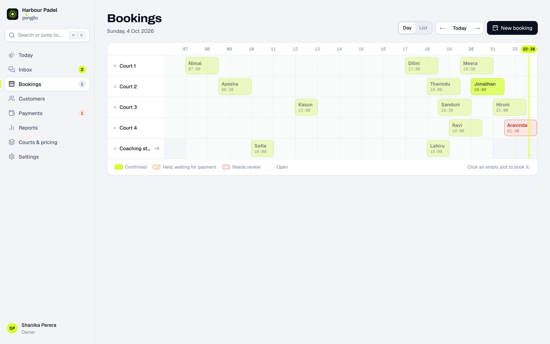 The bookings calendar: each court as a row through the day, with confirmed bookings, holds waiting for payment and one that needs review.