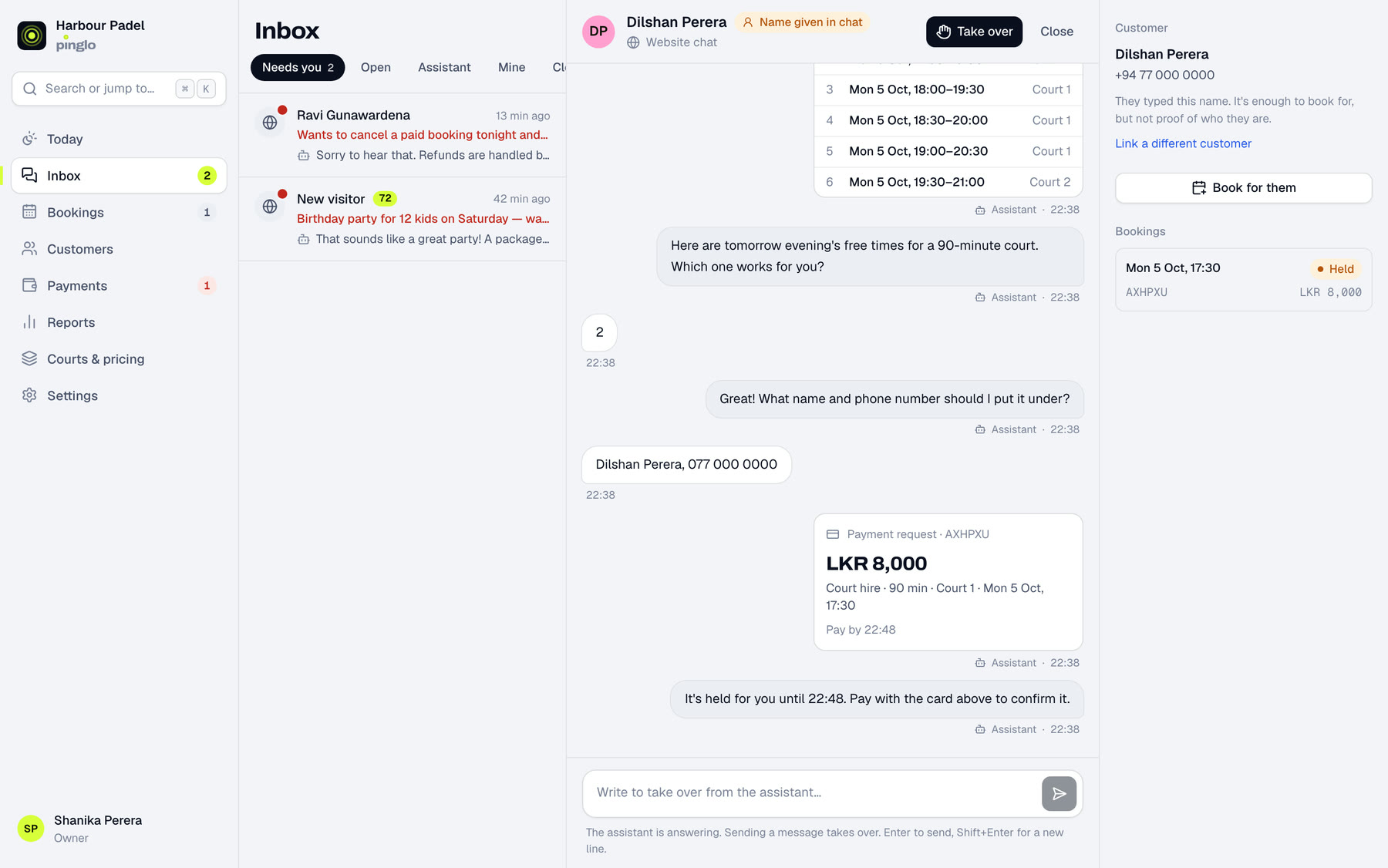 Pinglo's inbox. The assistant offered a customer six free times, took their name and sent a payment card for LKR 8,000. The booking shows as held on the right.