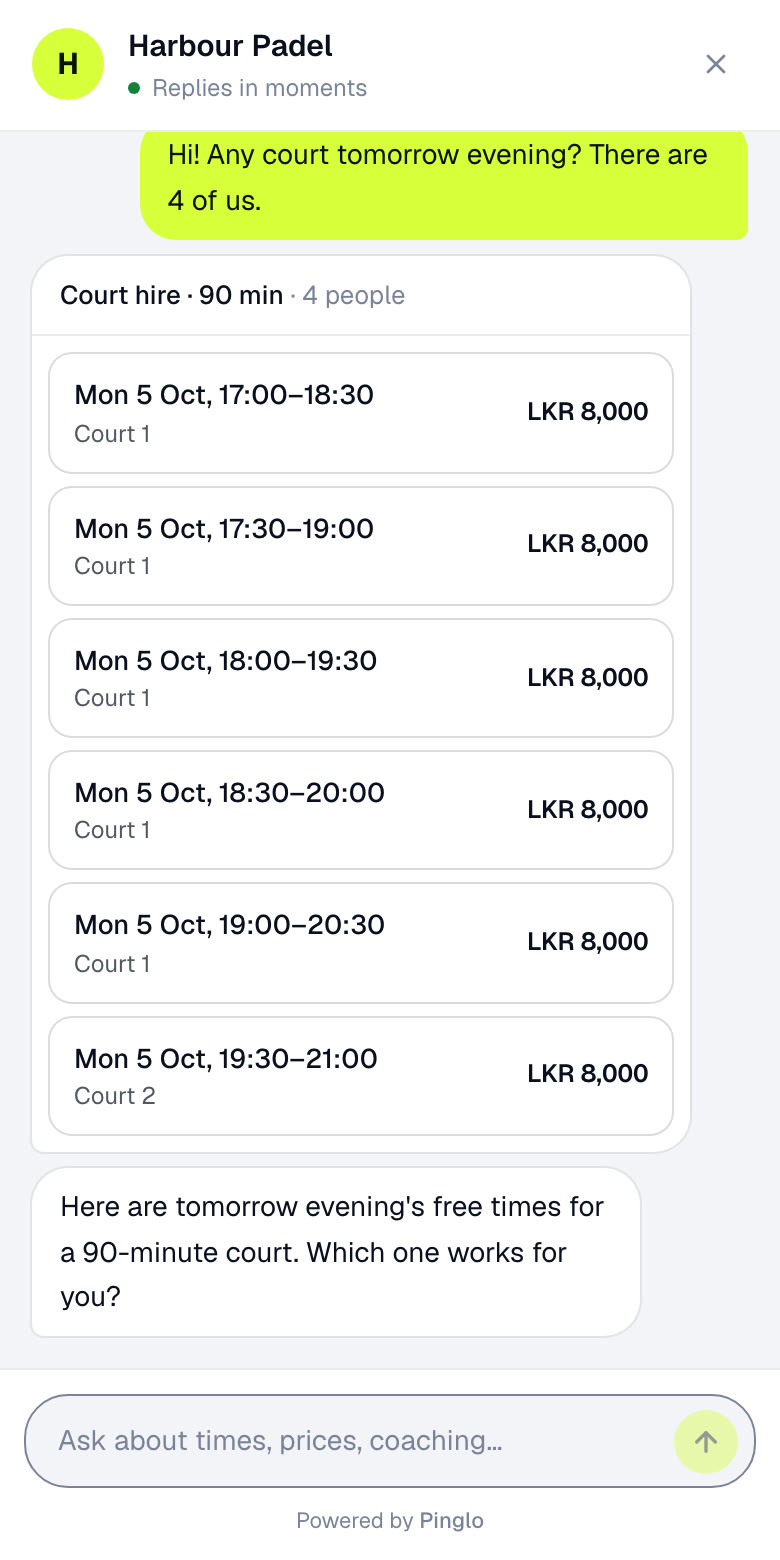 A customer asks: Any court tomorrow evening? There are 4 of us. The reply is a list of six free 90-minute times, each with a court and LKR 8,000.